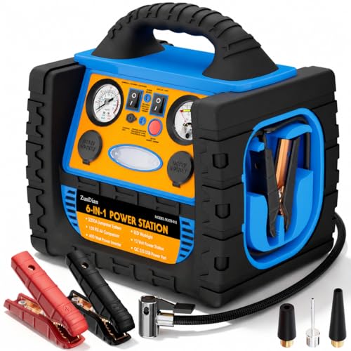 Car Jump Starter with Air Compressor, 2200A Battery Booster Pack for Up to 8.0L Gas & 6.0L Diesel, 150PSI Tire Inflator, 400W Portable Power Station with AC Outlet, 6-in-1 Jump Box for Cars, Trucks - style: 2200AMP