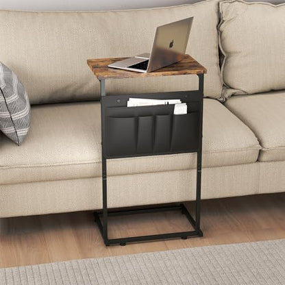 C Shaped End Table, Small Side Table with Storage Bag for Couch, Sofa Table with Metal Frame for Living Room and Bedroom Bedside, Rustic Brown ZER-007Br - color: Brown