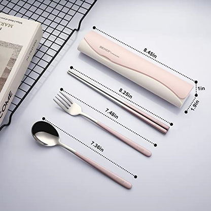 DEVICO Portable Travel Utensils with Case, Reusable Camping Silverware for Lunch, 18/8 Stainless Steel Cutlery Set (Pink) - color: Pink
