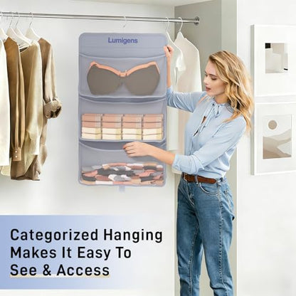 Lumigens Hanging Sock & Underwear Organizer, Hanging Closet Organizer with Pockets, Bra Hanger for Closet Organizer with 360° Rotating Hook, Space Saving Hanging Storage for Wall, Bedroom, RV