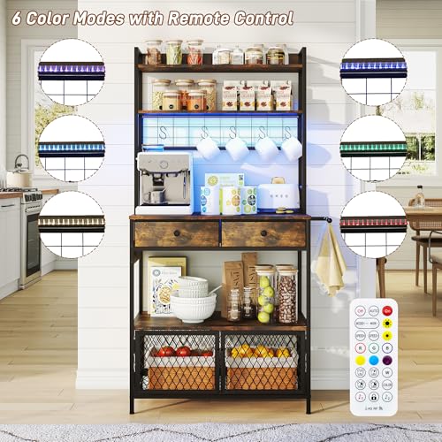 jiteentarou 64 inch Coffee Bar Cabinet with Power Outlets and Drawers,5-Tier Bakers Rack with Storage,Microwave Stand for Kitchen Industrial Coffee Bar Station with LED Lights and Hook