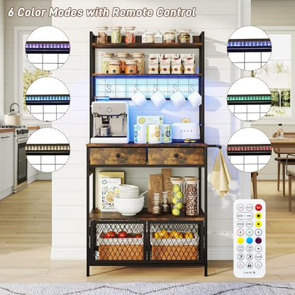 jiteentarou 64 inch Coffee Bar Cabinet with Power Outlets and Drawers,5-Tier Bakers Rack with Storage,Microwave Stand for Kitchen Industrial Coffee Bar Station with LED Lights and Hook