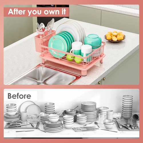 GAOKASE Dish Drying Rack, Stainless Steel-Dish Rack, Dish Racks for Kitchen Counter, Kitchen Dish Drainers with Removable Utensil Holder,New Drain Outlet,Plate Rack and Drainboard,(Pink-11 W x 15" L) - color: Pink