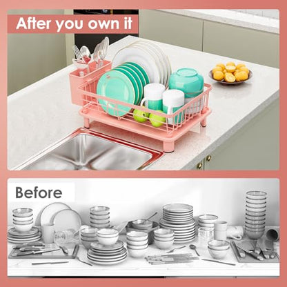 GAOKASE Dish Drying Rack, Stainless Steel-Dish Rack, Dish Racks for Kitchen Counter, Kitchen Dish Drainers with Removable Utensil Holder,New Drain Outlet,Plate Rack and Drainboard,(Pink-11 W x 15" L) - color: Pink