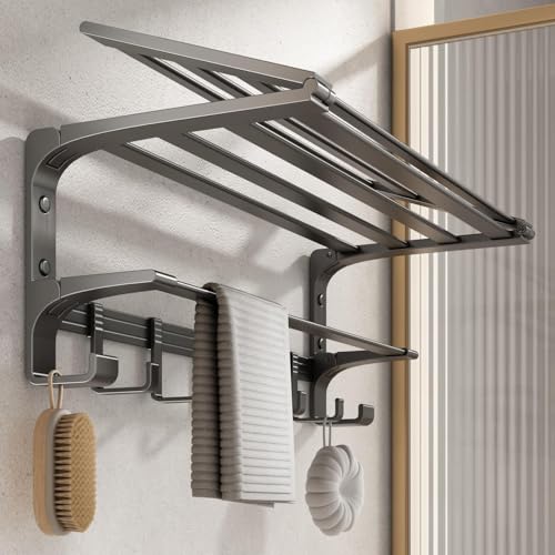 VOLPONE 24 Inch Towel Rack with Towel Bar Holder Foldable Large Towel Shelf with Movable Hooks Rustproof Widened Towel Storage Rack Wall Mount for Bathroom Lavatory Matte Grey - color: Matte Grey