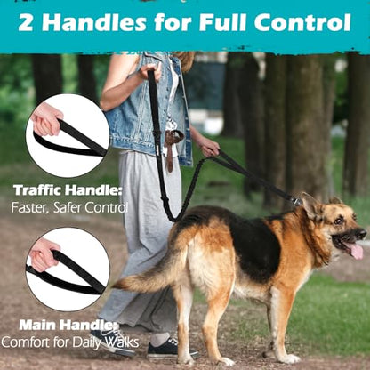PetBonus Heavy Duty Tactical Dog Leash, 5 FT Bungee Shock Absorption Leash with 2 Padded Handles, Quick Release Metal Clip, Car Seatbelt, No Pull Training Lead for Large Medium Dogs (Black) - color: Black