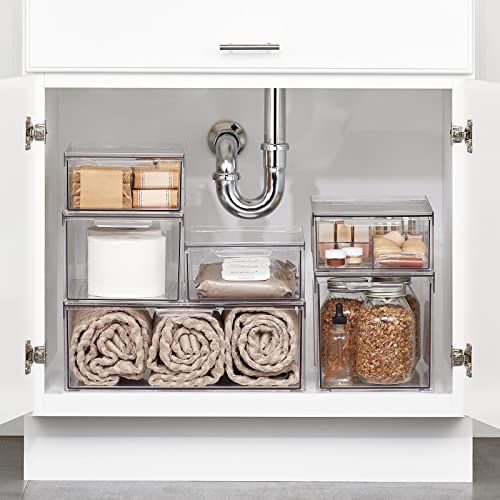 mDesign Plastic Stackable Bathroom Storage Organizer Bin with Pull Out Drawer for Cabinet, Vanity, Shelf, Cupboard, Cabinet, or Closet Organization - Lumiere Collection - 8 Pack - Clear - size: 8 x 12 x 6 (Pack of 8)
