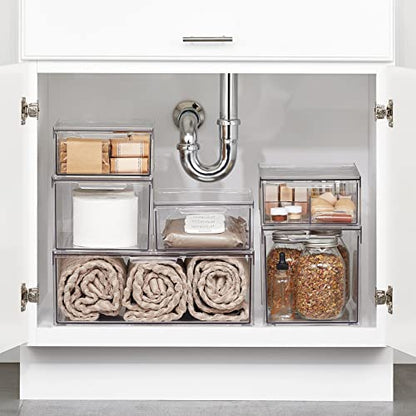 mDesign Plastic Stackable Bathroom Storage Organizer Bin with Pull Out Drawer for Cabinet, Vanity, Shelf, Cupboard, Cabinet, or Closet Organization - Lumiere Collection - 8 Pack - Clear - size: 8 x 12 x 6 (Pack of 8)