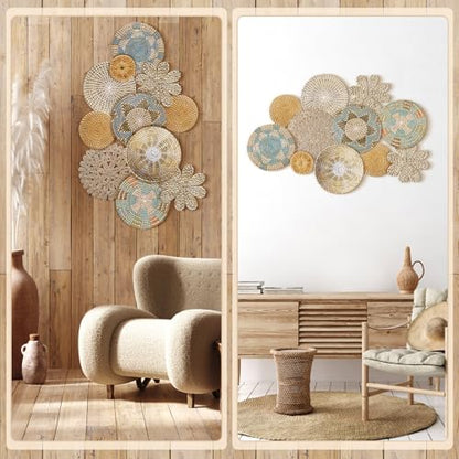 11 Pcs Boho Hanging Wall Basket Decor Handmade Woven Basket Wall Decorative Boho Wicker Baskets Placemats Round Farmhouse Bulrush Art for Rustic Home Decorations Christmas Gift(Bright) - style: Bright