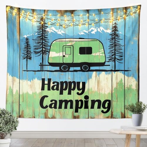 Feelyou Camper Tapestry Happy Camping Wall Art Camper Accessories for Travel Trailers Wall Hanging Blanket for Living Room Bedroom Cartoon Camping Car Home Decor Large 59"x82" Vintage - color: Blue, size: Large