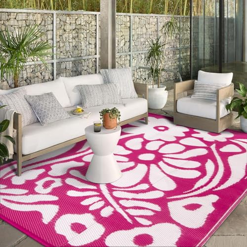 Wonnitar Outdoor Rugs 8x10,Plastic Outdoor Waterproof Patio Rugs Clearance,Reversible Large Outside RV Camping Mat,Portable Abstract Plant Lightweight Carpet for Backyard Deck Park (Pink, 8'x10') - color: Pink, size: 8' x 10' (Rectangular)