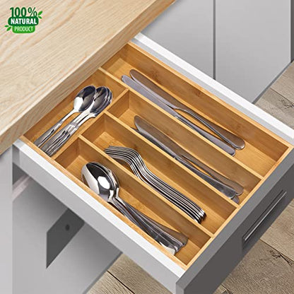 guiogc Kitchen Bamboo Silverware Drawer Organizer，Silverware Organizer and Cutlery Tray with Grooved Drawer Dividers for Silverware, Knives in Kitchen, Bedroom (5 Slot-Natural) - size: 5 Slot