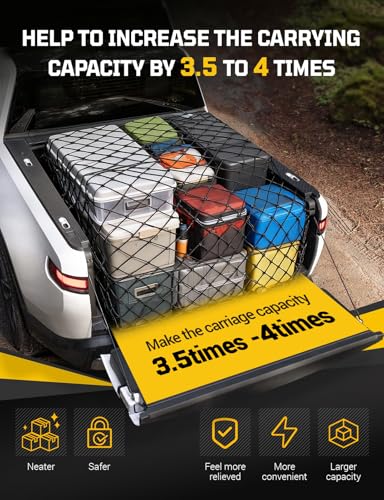 AUTOWN Cargo Net for Pickup Truck Bed - Stretchable 5' x 7' to 10' x 14' with 4" x 4" Mesh, Heavy Duty 10mm Cord Bungee Bed Netting with 12 Metal Carabiners - Ideal for ATV, SUV, UTV and Truck - size: 5' x 7'