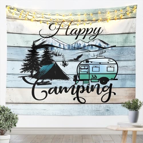 Erosebridal Happy Camping Wall Tapestry Camper Tapestries,Rustic Farmhouse Tapestry 59x59 Camping Wall Artwork,RV Car Themed Decor Wall Art Decor Rainbow Vintage Wooden Wall Hanging