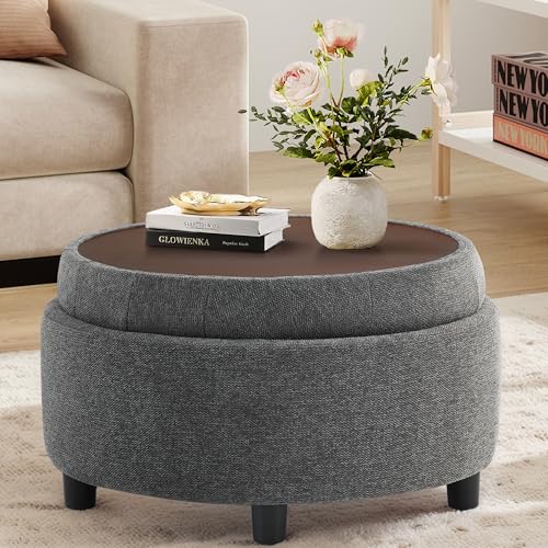 COLAMY Fabric Round Storage Ottoman with Reversible Tray Lid – Multi-Functional Footrest, Hidden Storage, Sturdy & Stylish Small Coffee Table for Living Room, Bedroom, or Entryway(Dark Grey) - color: Dark Grey