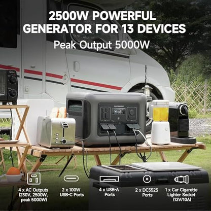 ALLPOWERS R2500 V2 Solar Generator Kit with 2x 100W Panel: 1920Wh LiFePO4, 2500W AC Output, 2x100W USB-C PD Fast Charging, 80% Charge in 1 Hour, for Home Backup Camping RV Off-Grid - color: R2500+2x SE100