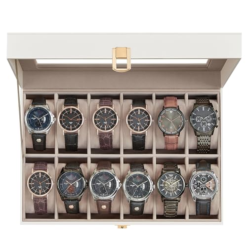 SONGMICS Watch Box, 12-Slot Watch Case Organizer with Large Glass Lid, Removable Pillows, Fathers Day Gift for Dad, Cloud White Synthetic Leather, Cappuccino Beige Lining UJWB120W01 - color: Cloud White + Cappuccino Beige, size: 12 Slot