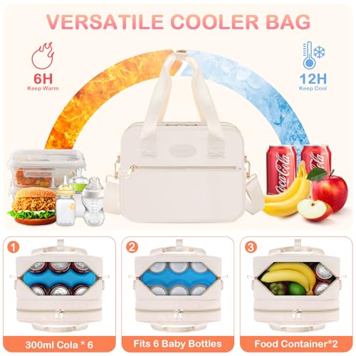PIIOSER Breastmilk Cooler Bag with Ice Pack, Fits 6 Baby Bottles Up to 9 Ounce, Insulated Bottle Travel Bags with Shoulder Strap-Wearable Breast Pump Carrying Case for Nursing & Working Moms - color: Cream