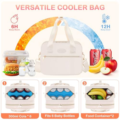 PIIOSER Breastmilk Cooler Bag with Ice Pack, Fits 6 Baby Bottles Up to 9 Ounce, Insulated Bottle Travel Bags with Shoulder Strap-Wearable Breast Pump Carrying Case for Nursing & Working Moms - color: Cream