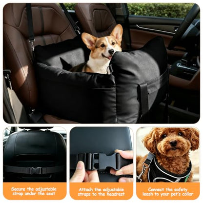 Dog Car Seats for Small Dogs, 2-in-1 Pet Booster Seat with Side-Zip Expandable Bed, Handles and a Storage Pocket, Clip-On Safety Leash and PP Cotton Filling, Vehicle Bed for Puppy up to 25 lbs (Black) - color: Black