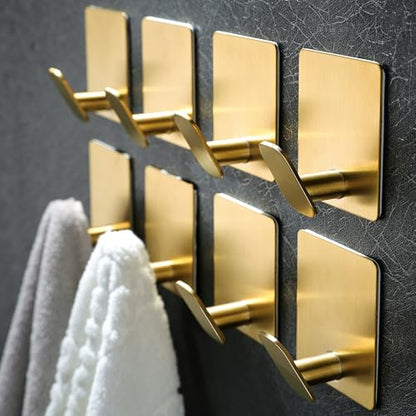 DELITON 8 Pack Gold Wall Hooks - Adhesive Towel Hooks for Bathrooms Kitchen Livingroom Garage, Heavy Duty Hook for Walls, No Damage, Stainless Steel - color: Gold-8