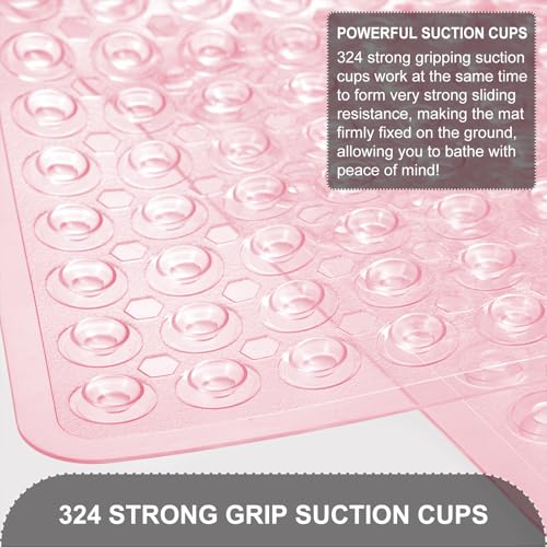 TEESHLY Bath Mat for Tub & Shower, Non Slip Soft Bathmat with Suction Cups & Drain Holes, Machine Washable Bathtub Floor Liner Mats for Bathroom, 35x16 Inch, Clear Pink - color: Pink (Translucent)