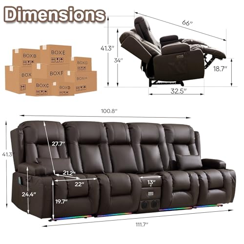 TUNYI Power Loveseat Recliner Sofa with Massage & Heat Home Theater Seating with Console RV Recliner Loveseat Sofa with USB/Storage/Side Pocket/LED Light/Speaker (Brown) - color: Brown, size: 4 Seat with console