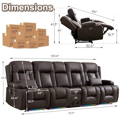 TUNYI Power Loveseat Recliner Sofa with Massage & Heat Home Theater Seating with Console RV Recliner Loveseat Sofa with USB/Storage/Side Pocket/LED Light/Speaker (Brown) - color: Brown, size: 4 Seat with console