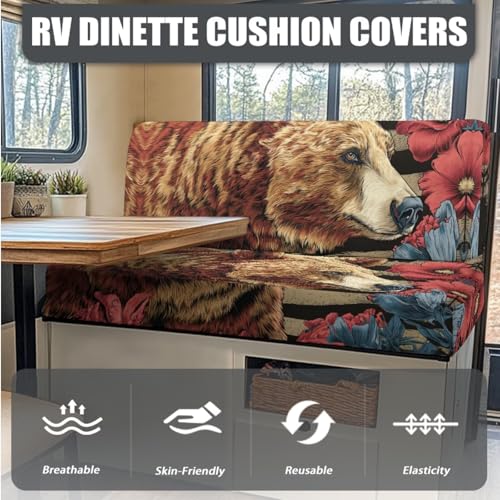 Bear Hibiscus Pattern 3 Pcs RV Dinette Cushion Covers Anti-Slip Camper Cushion Slipcover Stretch 2 Seat Sofa Chair Covers 1 Backrest Cover 1 Bench Cover and 1 Pillowcase - color: Bear Hibiscus
