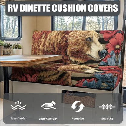 Bear Hibiscus Pattern 3 Pcs RV Dinette Cushion Covers Anti-Slip Camper Cushion Slipcover Stretch 2 Seat Sofa Chair Covers 1 Backrest Cover 1 Bench Cover and 1 Pillowcase - color: Bear Hibiscus