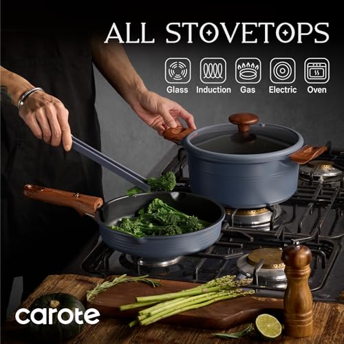 CAROTE 30-Piece Titanium Cookware Set, Nonstick Pots and Pans Set with Detachable Handle, RV Kitchen Cooking Set, Camping Use, Induction Compatible, Dishwasher & Oven Safe - color: Blue