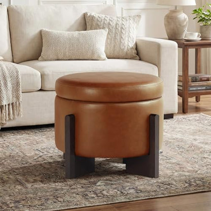 Faux Leather Round Ottoman, 22 Inch Storage Ottoman,PU Leather Ottoman,Multi-Functional Footrest for Living Room & Bedroom,Apartments (Light Brown, Round) - color: Light Brown