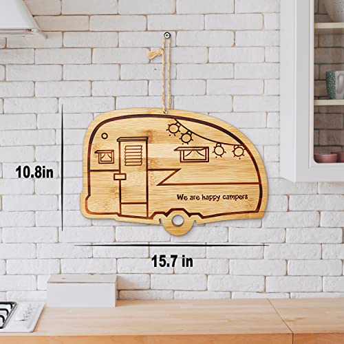 Happy Camper Bamboo Large Cutting Board, Rv Wooden Stove Top Cover Noodle Board,Meat Cutting Board for BBQ, Carving Board for Turkey,Large Charcuterie Board,RV Kitchen Decoration - style: big