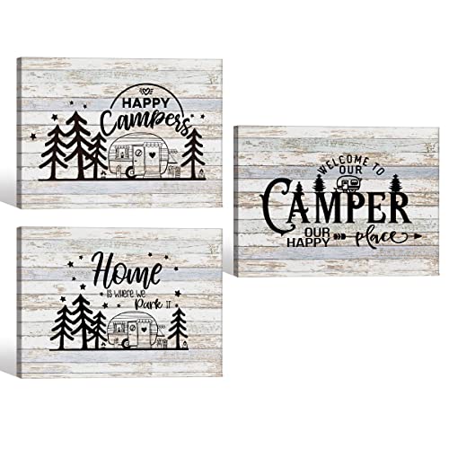 Welcome To Our Camper Happy Campers Camping Canvas Wall Art Prints Artwork Signs Framed for Campsite Porch Wall Decor Home Room RV Decor, 14X11 inch Set Of 3,Campers Camping Lovers Gifts - color: RV 5