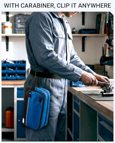 2 Pack Small Tool Bags Zipper Pouch for Organizing, with Adjustable Shoulder Strap & Carabiner, Utility Small Tool Pouch with Multi Pocket Compartments and Label Area (12" & 10") - color: Orange/Blue