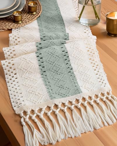 Pureegg Farmhouse Boho Table Runner - 72 Inches, Linen-Textured Woven Tassel Design for Dining Table Decor, Kitchen, Coffee Table & Living Room, 12 x 72 Inch, Sage Green - color: Sage Green, size: 12" X 72"