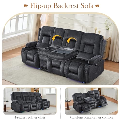 TUNYI Power Loveseat Recliner Sofa with Massage & Heat Home Theater Seating with Console RV Recliner Loveseat Sofa with USB/Storage/Side Pocket/LED Light/Speaker (Grey, 3 Seat with Console) - color: Grey, size: 3 Seat with console
