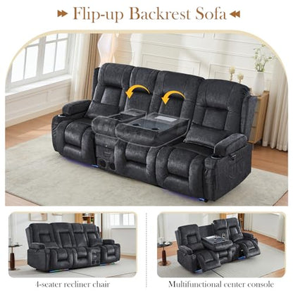 TUNYI Power Loveseat Recliner Sofa with Massage & Heat Home Theater Seating with Console RV Recliner Loveseat Sofa with USB/Storage/Side Pocket/LED Light/Speaker (Grey, 3 Seat with Console) - color: Grey, size: 3 Seat with console
