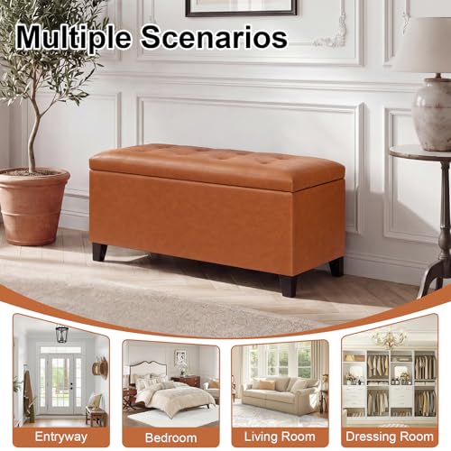 Asense Storage Ottoman Bench, 33" Faux Leather Upholstered End of Bed Bench with Safety Hinge,Wooden Legs,for Entryway Bedroom Living Room - color: 33" Brown Faux Leather