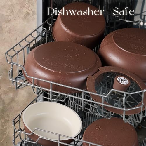 CAROTE 19Pcs Ceramic Cookware Set, Pots and Pans Set Non stick, Non Toxic Cookware Detachable Handle, Kitchen Cooking Set - Induction Cookware, Dishwasher/Oven Safe, PFAS Free, Chocolate - color: Chocolate, size: 19 Piece