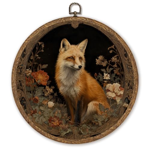 WMSYUO Vintage William Morris Inspired Fox Round Wall Art, Rustic Floral Animal Canvas Print,Circular Wall Hanging Decor for Kitchen Bedroom Farmhouse,Neutral Retro Artwork 10x10 Inch (Brown-Fox) - color: Brown-Fox