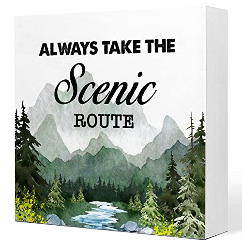 Green Always Take the Scenic Route Woodland Backdrop Camping Wood Plaque Sign Desk Decor,Rustic Camping Quote Wood Block Sign Desk Decoration for Home Camper RV Shelf Table Decor - color: white