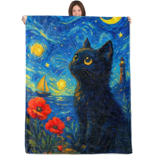 Starry Night Black Cat Blanket,40x50in,Cozy Flannel Throw with Swirling Sky Flower Lighthouse Sailboat Design,Soft Lightweight Gifts Blankets for Kids,Sofa Bed Travel Living Room Decor - color: Black Cat 01, size: 50"x40"