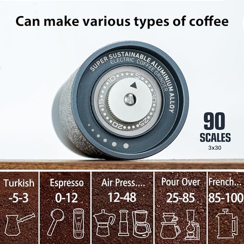 CERA+ CGE01 Portable Coffee Bean Grinder,Electric Coffee Grinder with 90 Precise Grind Setting,Auto‑Stop & One-Button,Burr Coffee Bean for Espresso,Pour-Over, French Press Moka, with Bag - color: Space Gray