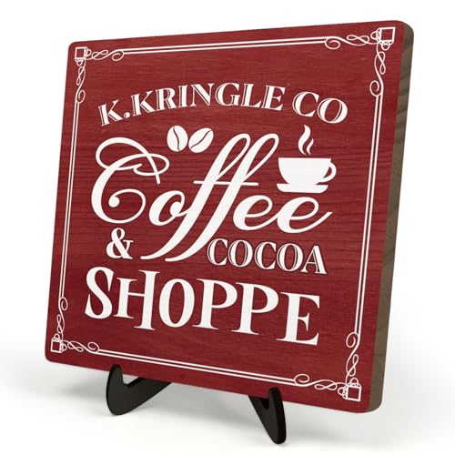 Kringle Coffee & Cocoa Shoppe Sign – 5.9 x 5.9 Inch Wooden Christmas Decor Plaque with Stand, Vintage Holiday Coffee Bar Sign for Kitchen, Cocoa Station, Hot Drink Corner (Red) - color: Red