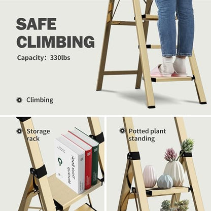 5 Step Step Ladder,Lightweight Folding Step Stool with Anti-Slip Aluminum Wide Pedal&Convenient Handgrip,Steel Ladder for Household and Office(Gold) - color: Gold, size: 5 Step