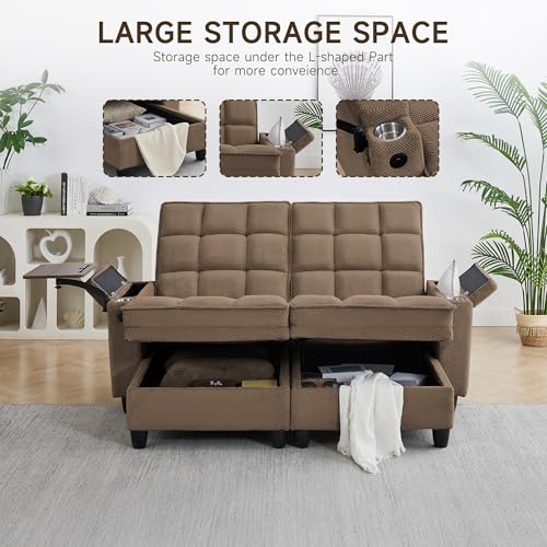 oaaktu 70.9-inch Double Lounge Chair with 360 Degree Rotating Side Table, armrest Storage Space, Ultra Fast Charging USB Port, Living Room or Bedroom Pillows - color: Coffee