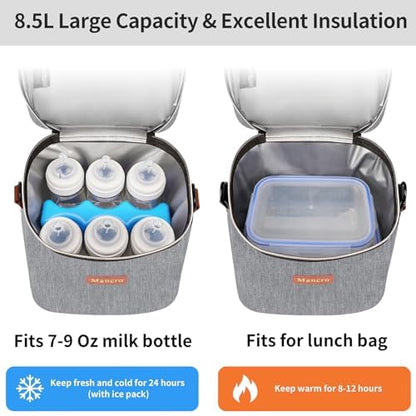 Mancro Baby Bottle Bag with Insulated Cooler, Fits 6 Baby Bottles Up to 9 Ounce with Ice Pack, Breastmilk Cooler Bag with Adjustable Shoulder Strap for Easy Carrying, Grey - color: Grey