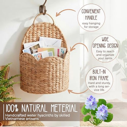 2Pcs Water Hyacinth Scalloped Hanging Basket – Wall & Door Organizer with Loop Handle, Front-Entry Mail/Floral Holder, Boho Farmhouse Wicker Wall Décor, Handwoven in Vietnam, Natural Woven Storage Bin