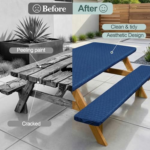 Play Tailor Picnic Table Cover with Bench Covers Camping Essentials Waterproof Windproof Camping Tablecloth with Drawstring Bag, Fitted Rectangle Tables and Seats, 72in, Deep Blue - color: Deep Blue, size: 72in